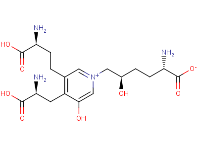 4-((2S)-2-氨基-2-羧基乙基)-1-((2R,5S)-5-氨基-5-羧基-2-羥基戊基)-3-((3S)-3-氨基-3-羧基丙基)-5-羥基-吡啶鎓內(nèi)鹽結(jié)構(gòu)式,63800-01-1結(jié)構(gòu)式 4-((2S)-2-氨基-2-羧基乙基)-1-((2R,5S)-5-氨基-5-羧基-2-羥基戊基)-3-((3S)-3-氨基-3-羧基丙基)-5-羥基-吡啶鎓內(nèi)鹽結(jié)構(gòu)式,63800-01-1結(jié)構(gòu)式