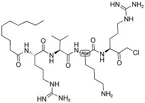 N<sup>2</sup>-癸酰-L-精氨酰-L-纈氨酰-N-[(3S)-6-亞氨基甲酰胺基-1-氯-2-氧代-3-己烷基]-L-賴氨酰胺結(jié)構(gòu)式_150113-99-8結(jié)構(gòu)式
