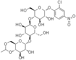 O-4，6-O-乙叉-ａ-D-吡喃葡萄糖基(1→4)-O-ａ-D-吡喃葡萄糖基-(1→4)-ａ-D-吡喃葡萄2-氯-4-硝基苯基苷結(jié)構(gòu)式_199603-68-4結(jié)構(gòu)式