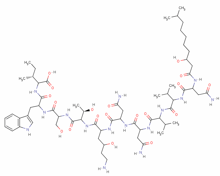 N2-(3-羥基-10-甲基癸?；?-D-天冬氨酰胺酰-D-纈氨酰-D-纈氨酰-L-天冬氨酰胺酰-D-天冬氨酰胺酰-[(4R)-4-羥基-L-賴氨酰-]-D-別蘇氨酰-L-絲氨酰-D-色氨酰-D-別異亮氨酸結構式_55467-31-7結構式