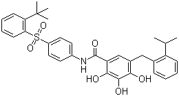 N-(4-((2-(tert-butyl)phenyl)sulfonyl)phenyl)-2,3,4-trihydroxy-5-(2-isopropylbenzyl)benzamideStructure,877877-35-5Structure N-(4-((2-(tert-butyl)phenyl)sulfonyl)phenyl)-2,3,4-trihydroxy-5-(2-isopropylbenzyl)benzamide Structure,877877-35-5Structure